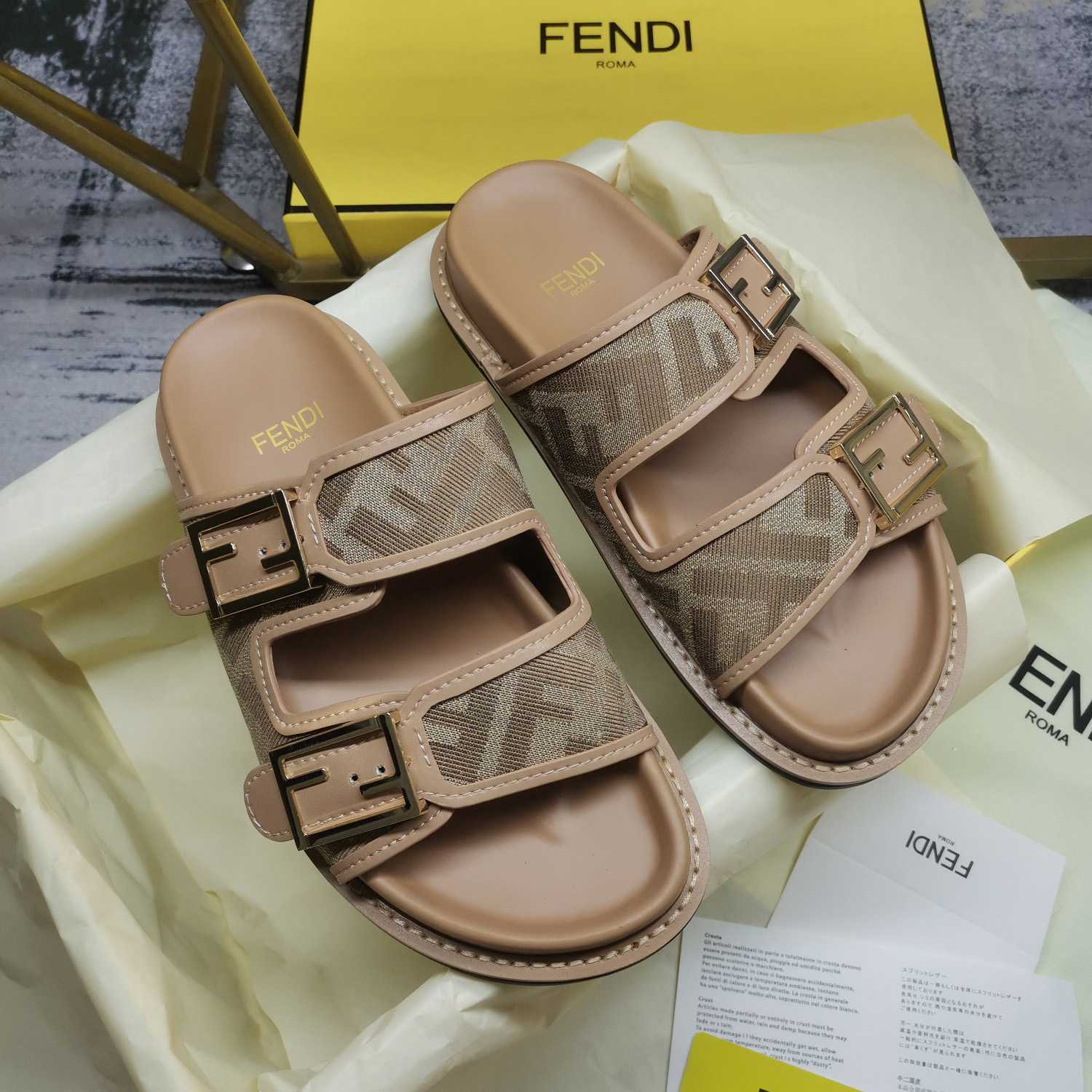 Fendi Feel Dove Gray FF Chenille Slides - PerfectKickZ