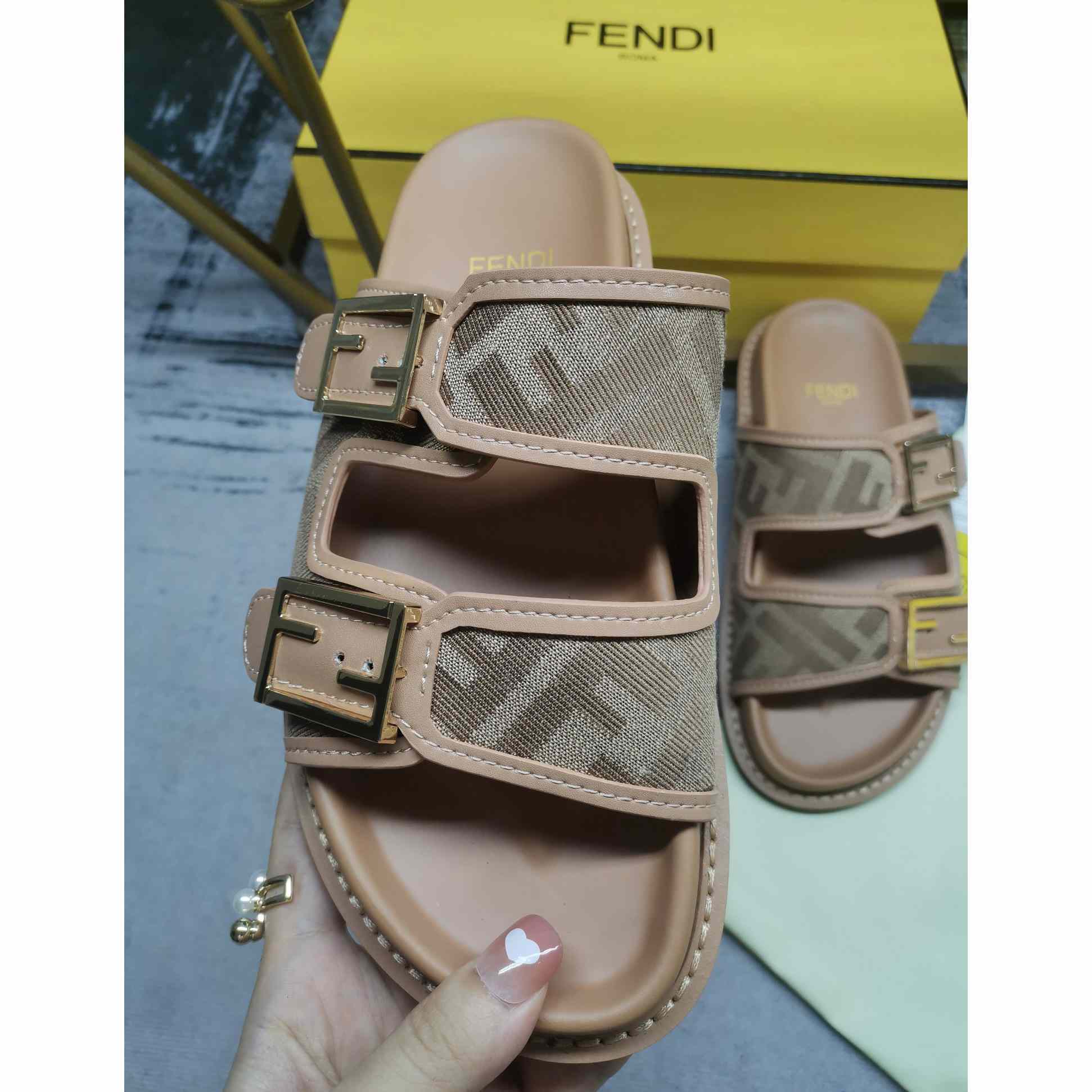 Fendi Feel Dove Gray FF Chenille Slides - PerfectKickZ