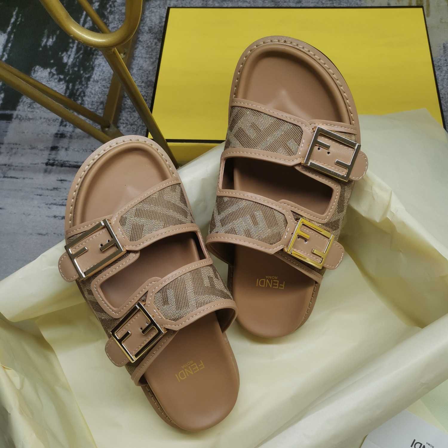 Fendi Feel Dove Gray FF Chenille Slides - PerfectKickZ