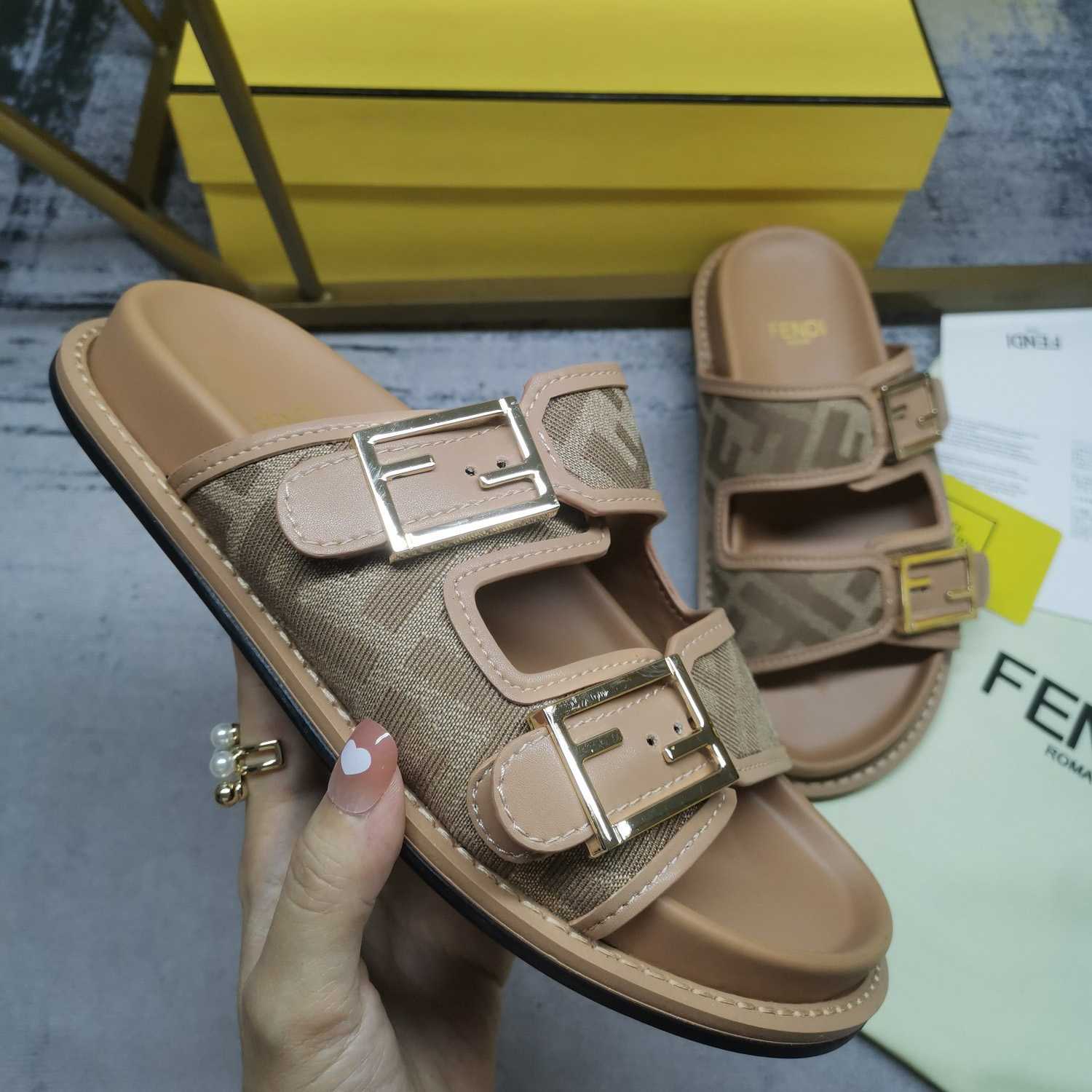Fendi Feel Dove Gray FF Chenille Slides - PerfectKickZ