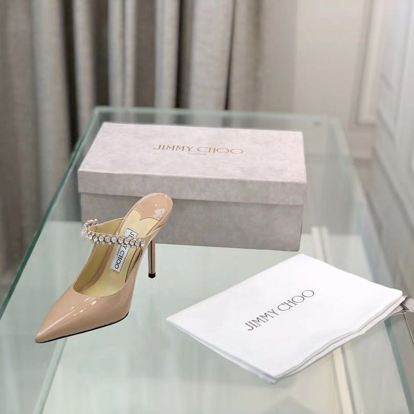 Jimmy Choo Bing 100 Ballet Pink Patent Leather Mules With Crystal Strap - PerfectKickZ