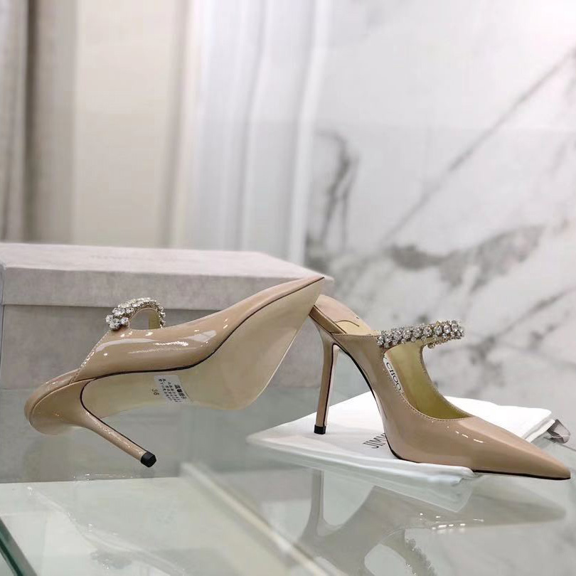 Jimmy Choo Bing 100 Ballet Pink Patent Leather Mules With Crystal Strap - PerfectKickZ