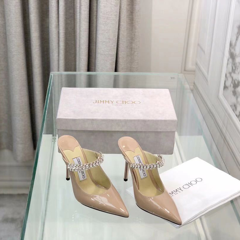 Jimmy Choo Bing 100 Ballet Pink Patent Leather Mules With Crystal Strap - PerfectKickZ