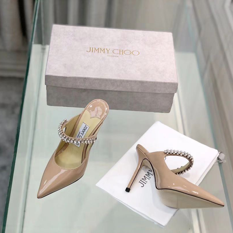 Jimmy Choo Bing 100 Ballet Pink Patent Leather Mules With Crystal Strap - PerfectKickZ