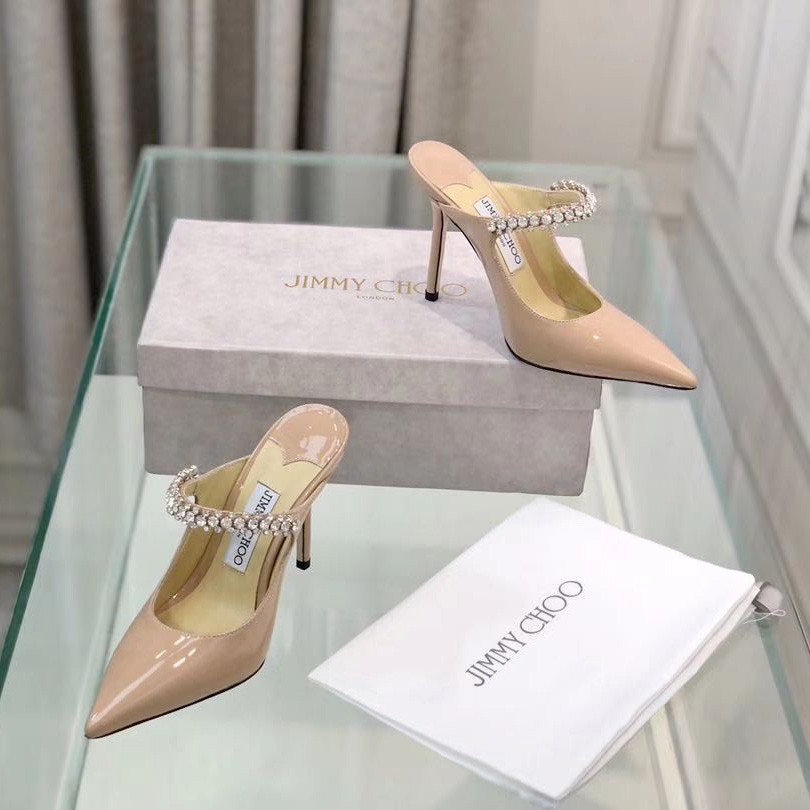 Jimmy Choo Bing 100 Ballet Pink Patent Leather Mules With Crystal Strap - PerfectKickZ