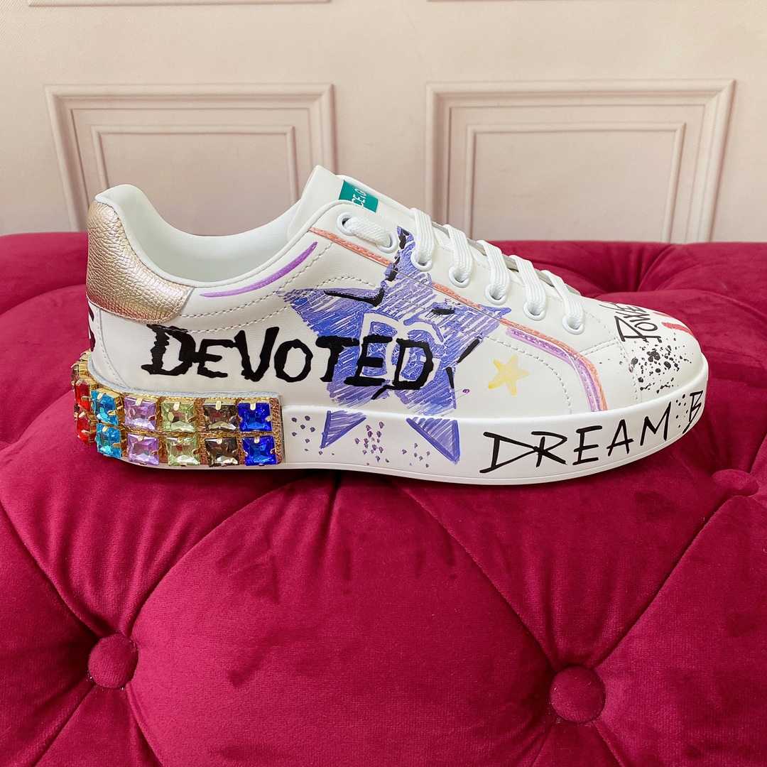 Dolce & Gabbana Calfskin Portofino Sneakers With Embroidery And Lettering - PerfectKickZ