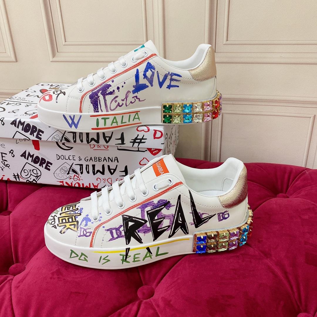 Dolce & Gabbana Calfskin Portofino Sneakers With Embroidery And Lettering - PerfectKickZ