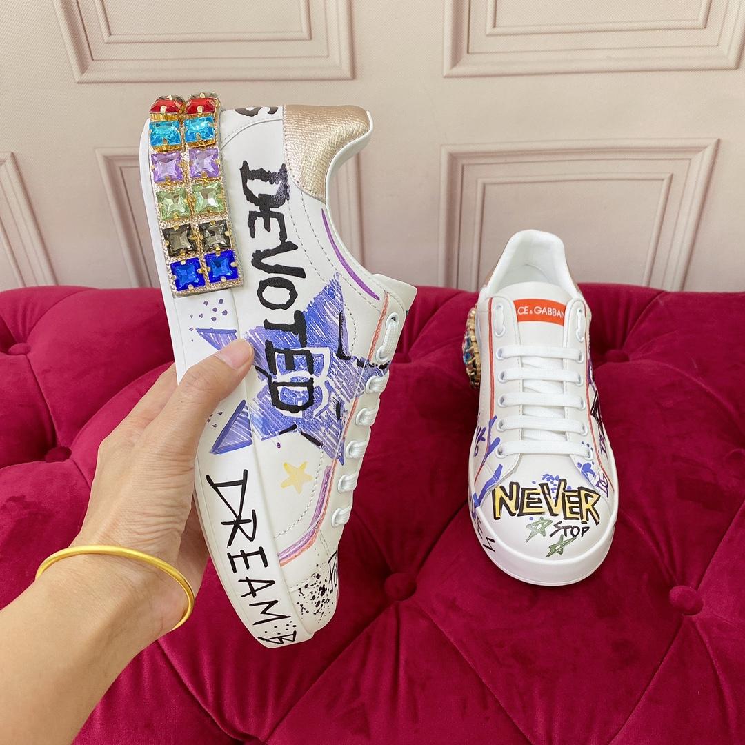 Dolce & Gabbana Calfskin Portofino Sneakers With Embroidery And Lettering - PerfectKickZ