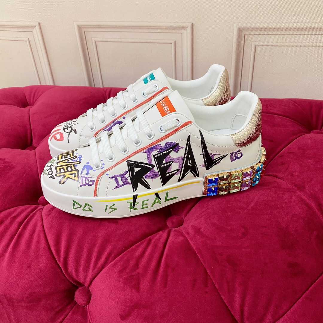 Dolce & Gabbana Calfskin Portofino Sneakers With Embroidery And Lettering - PerfectKickZ