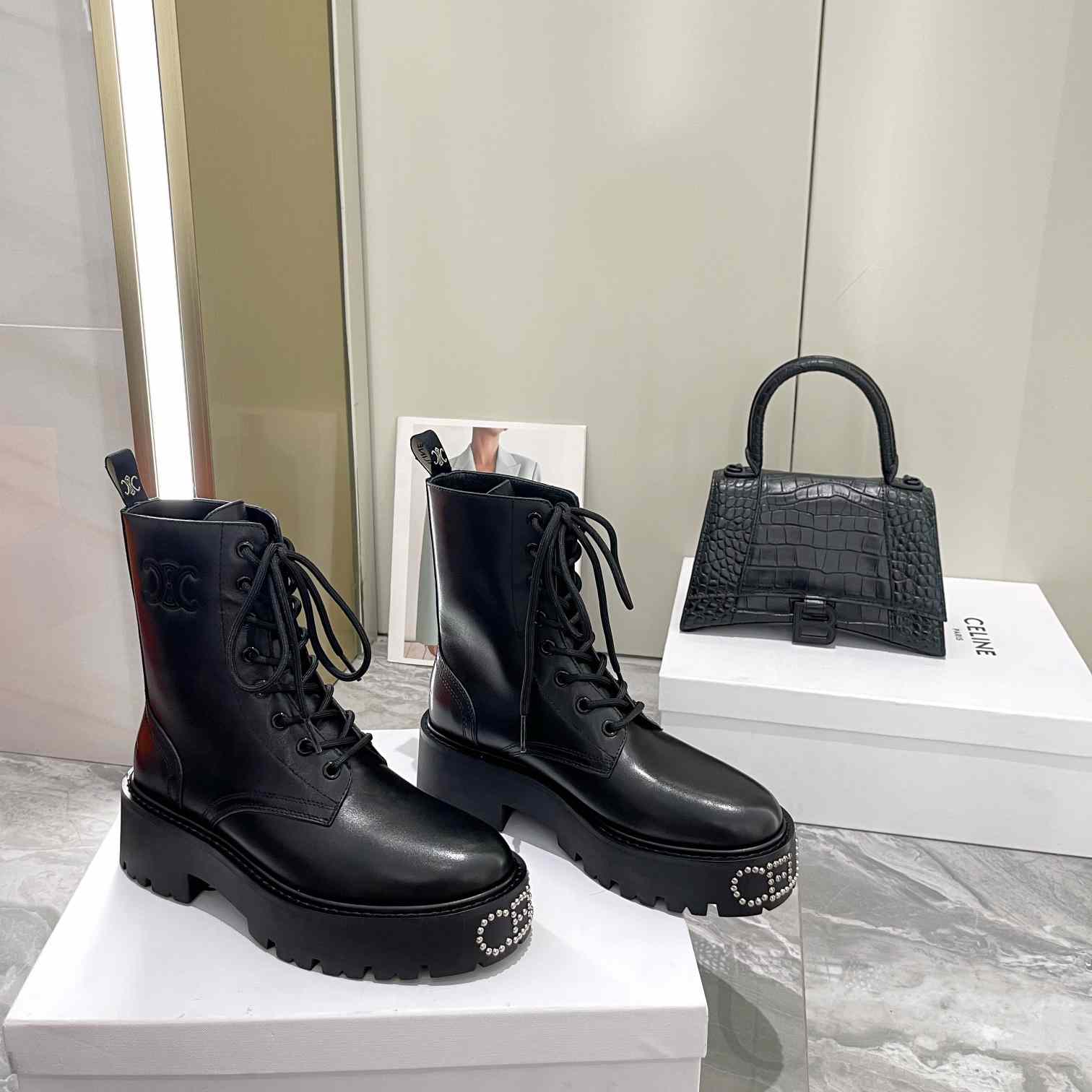 Celine Lace-Up Boot With Triomphe And Studded Outsole Celine Bulky In Shiny Bull - PerfectKickZ