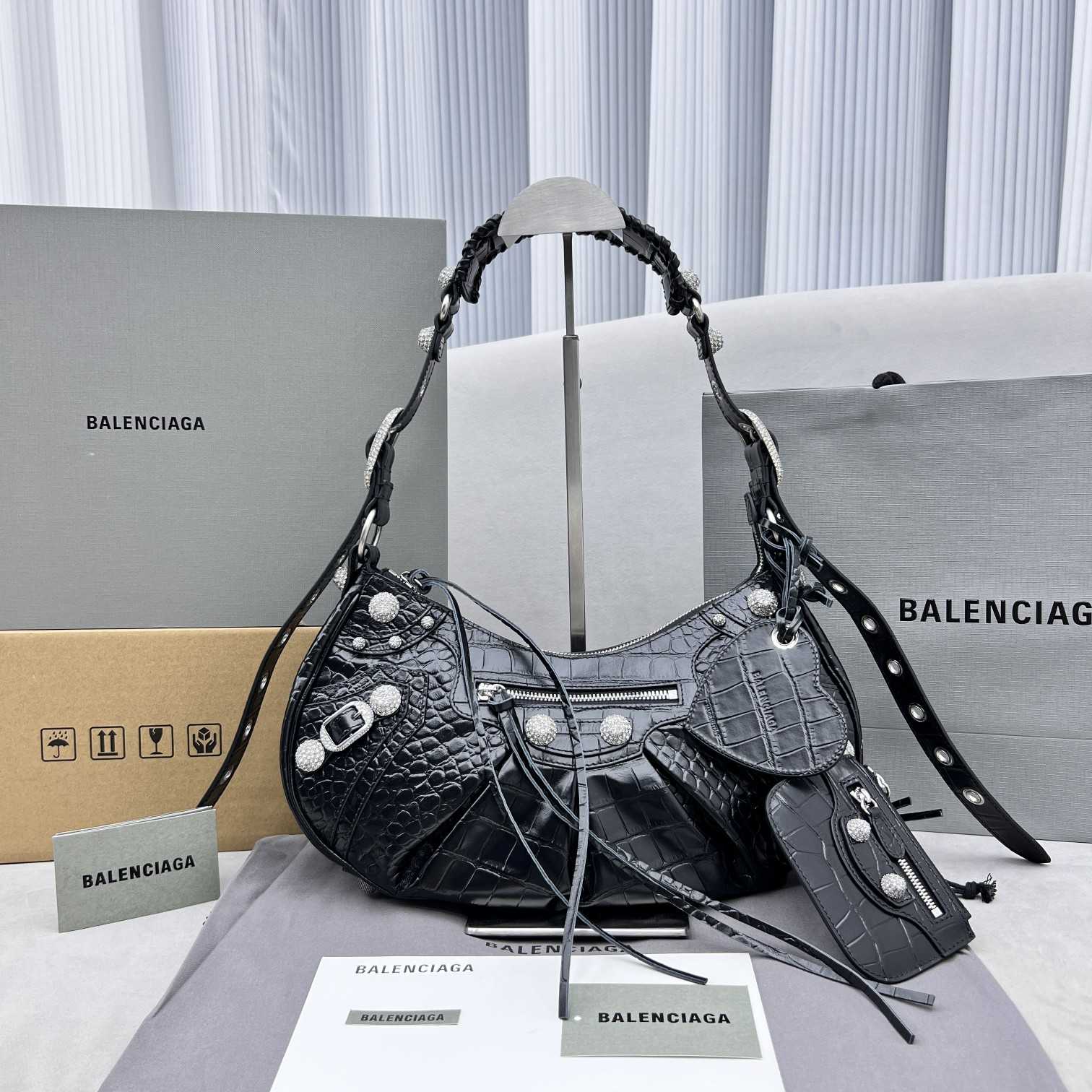 Balenciaga Women's Le Cagole Small Shoulder Bag Metallized Crocodile Embossed With Rhinestones In Black - PerfectKickZ