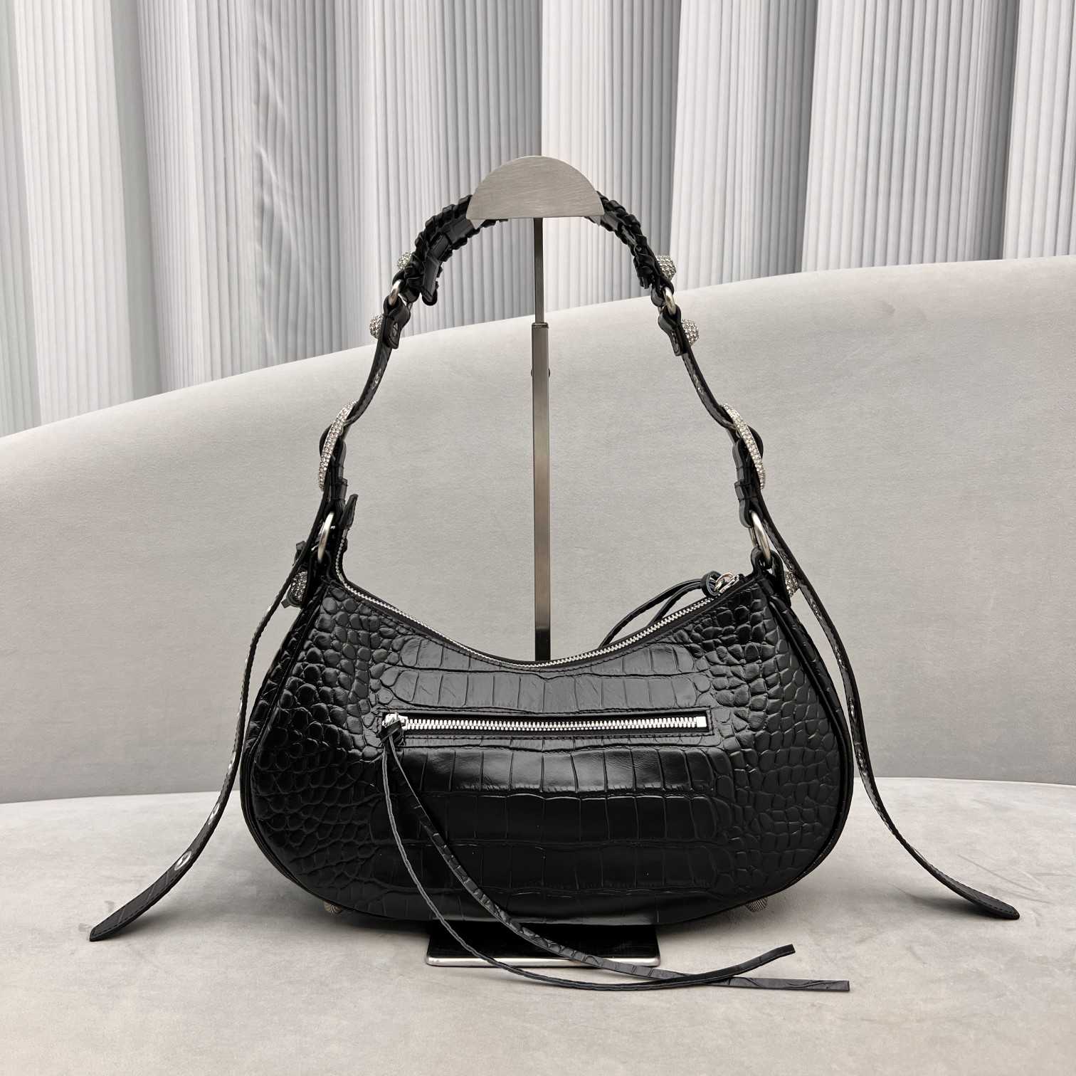 Balenciaga Women's Le Cagole Small Shoulder Bag Metallized Crocodile Embossed With Rhinestones In Black - PerfectKickZ