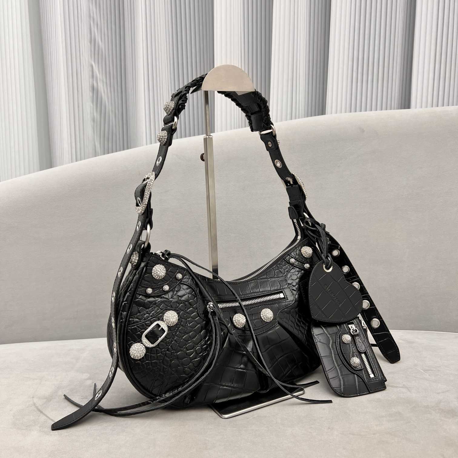 Balenciaga Women's Le Cagole Small Shoulder Bag Metallized Crocodile Embossed With Rhinestones In Black - PerfectKickZ