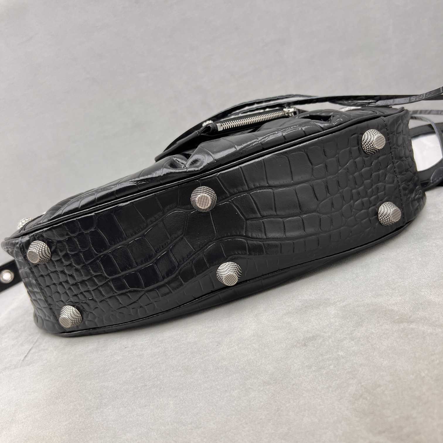 Balenciaga Women's Le Cagole Small Shoulder Bag Metallized Crocodile Embossed With Rhinestones In Black - PerfectKickZ