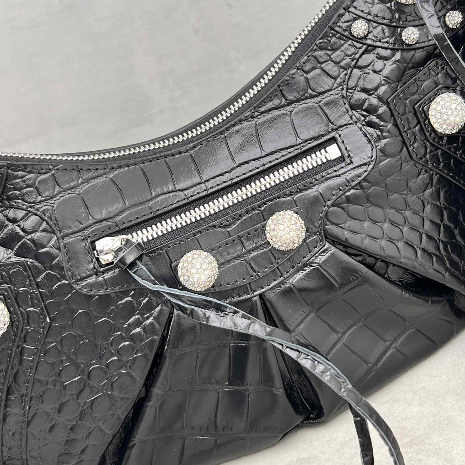 Balenciaga Women's Le Cagole Small Shoulder Bag Metallized Crocodile Embossed With Rhinestones In Black - PerfectKickZ