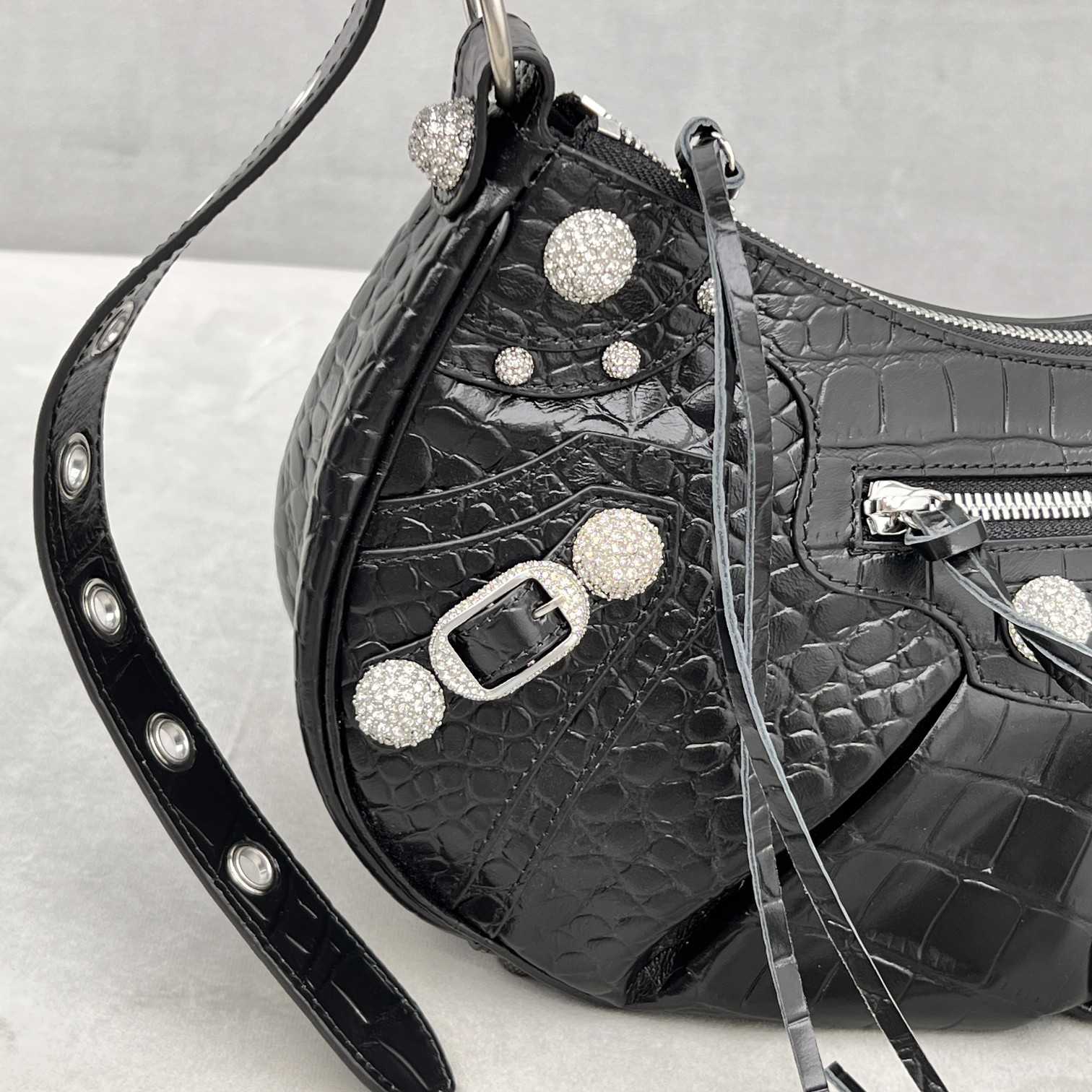 Balenciaga Women's Le Cagole Small Shoulder Bag Metallized Crocodile Embossed With Rhinestones In Black - PerfectKickZ