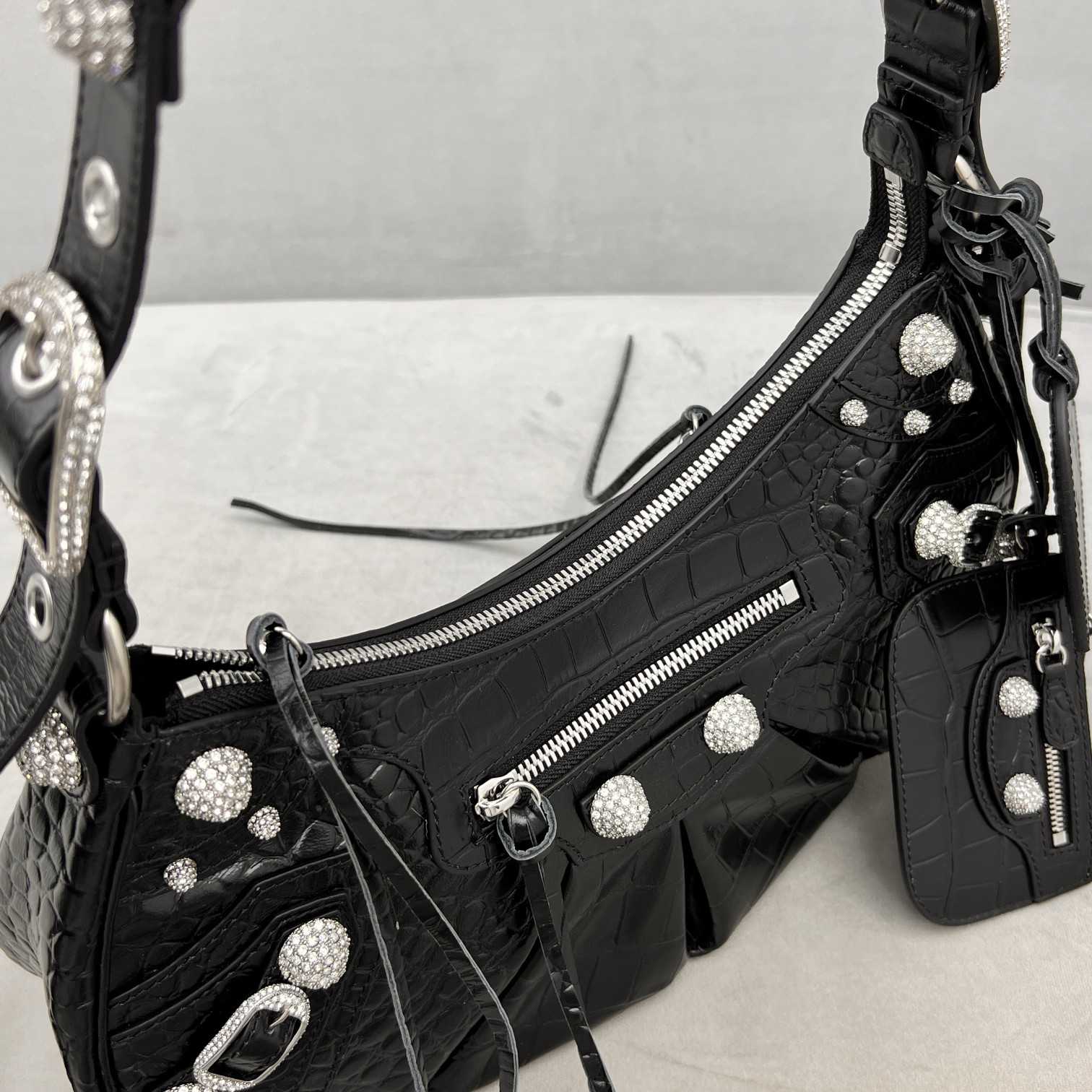Balenciaga Women's Le Cagole Small Shoulder Bag Metallized Crocodile Embossed With Rhinestones In Black - PerfectKickZ