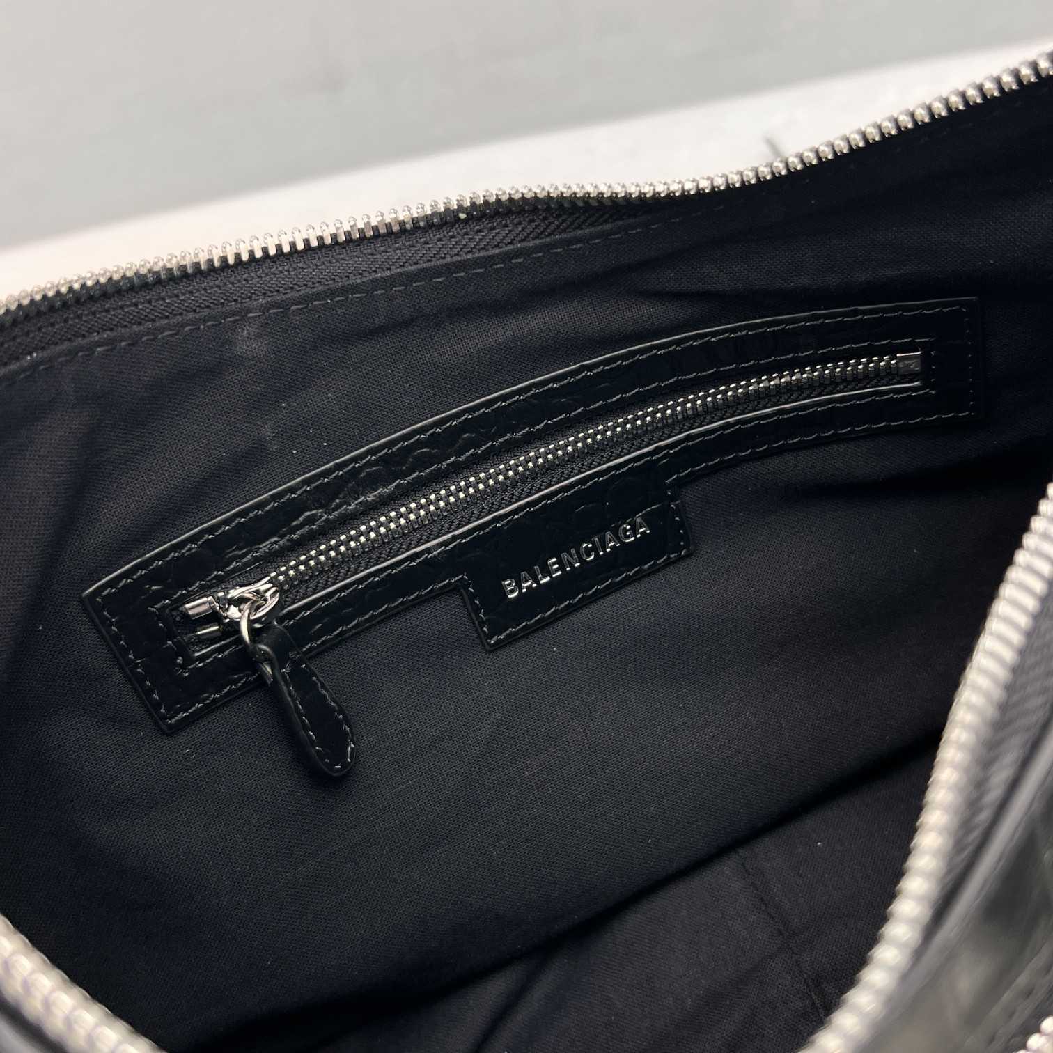 Balenciaga Women's Le Cagole Small Shoulder Bag Metallized Crocodile Embossed With Rhinestones In Black - PerfectKickZ