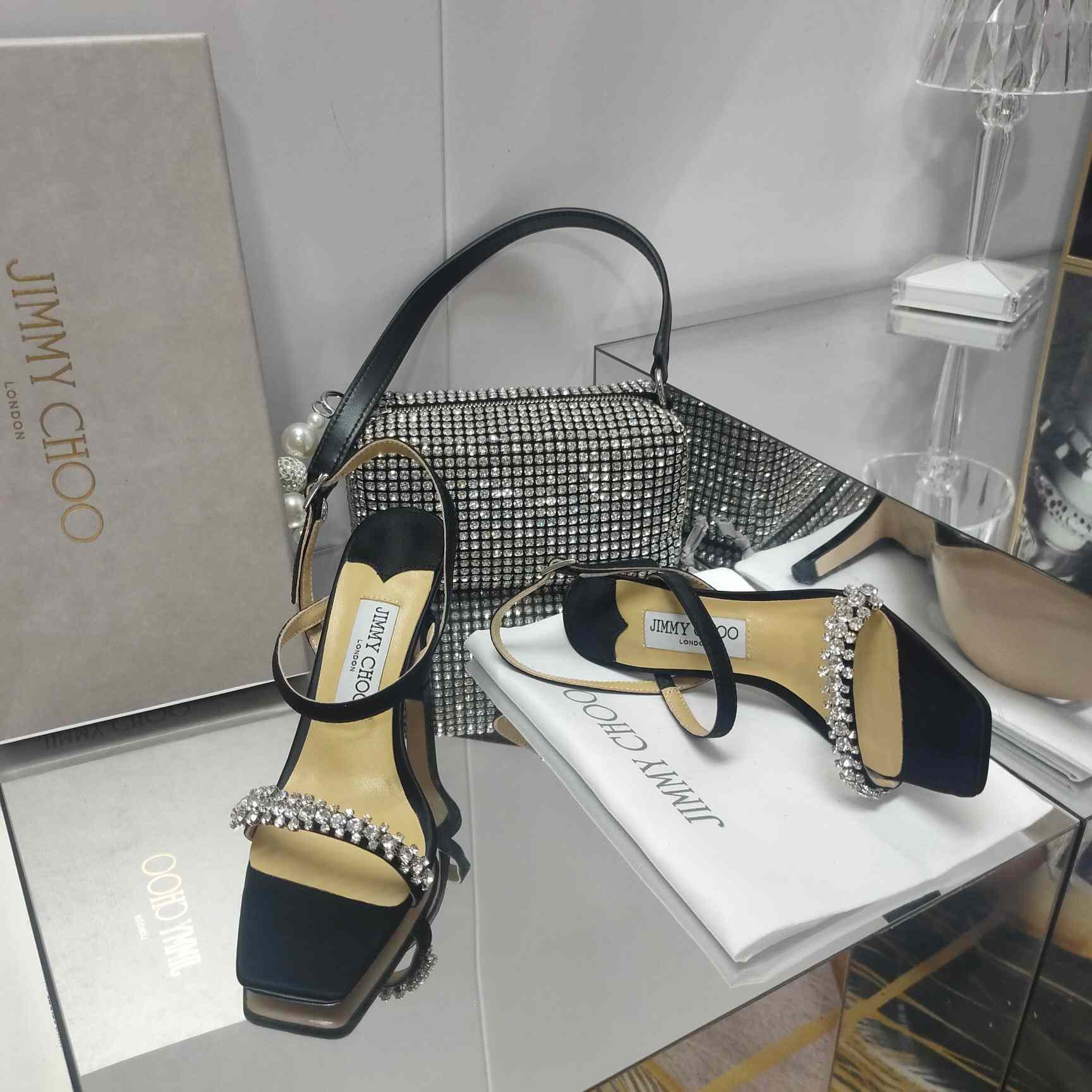 Jimmy Choo Meira 85 Black Suede Sandals With Crystal Embellishment - PerfectKickZ