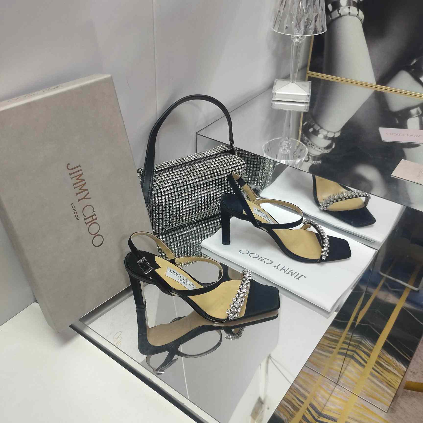 Jimmy Choo Meira 85 Black Suede Sandals With Crystal Embellishment - PerfectKickZ