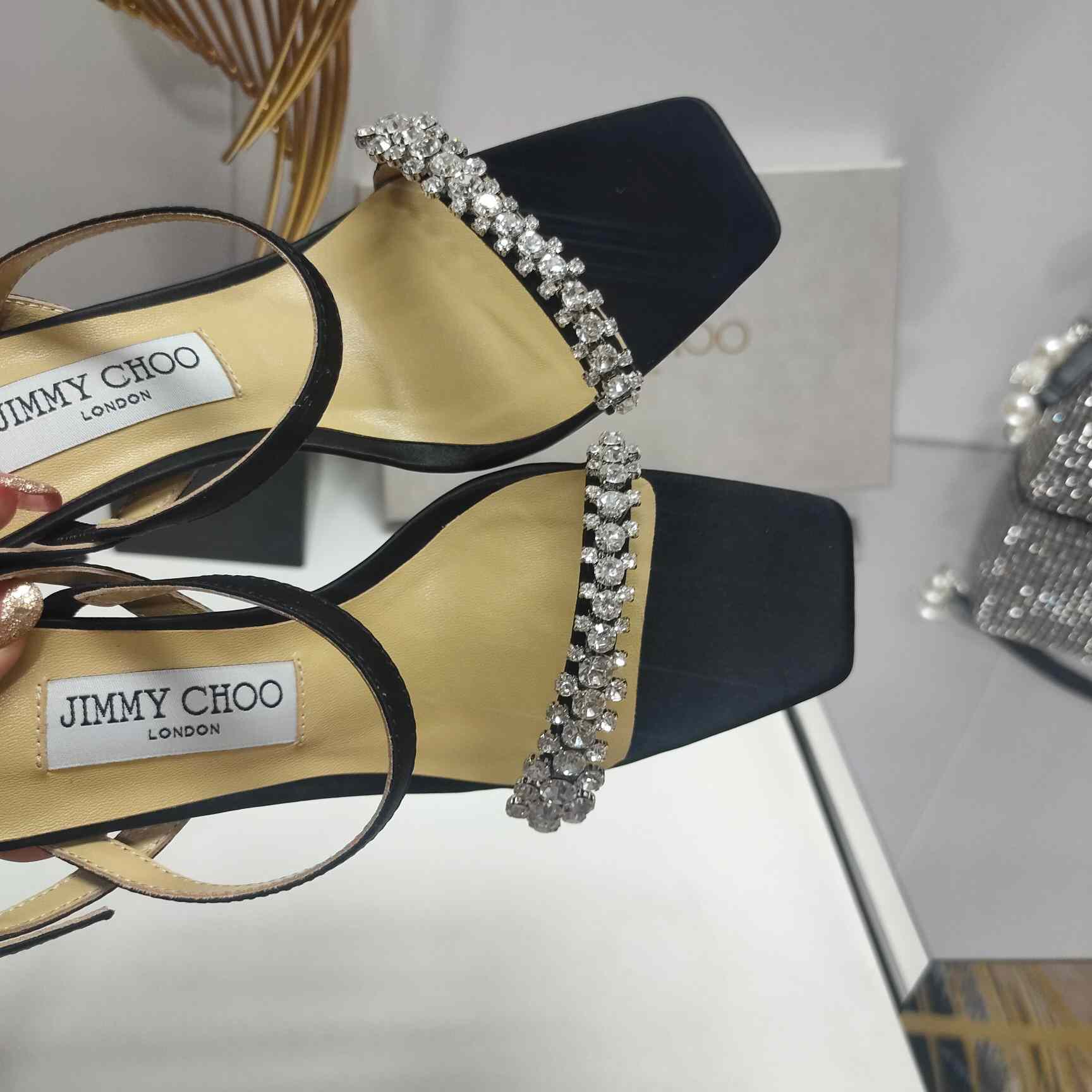 Jimmy Choo Meira 85 Black Suede Sandals With Crystal Embellishment - PerfectKickZ