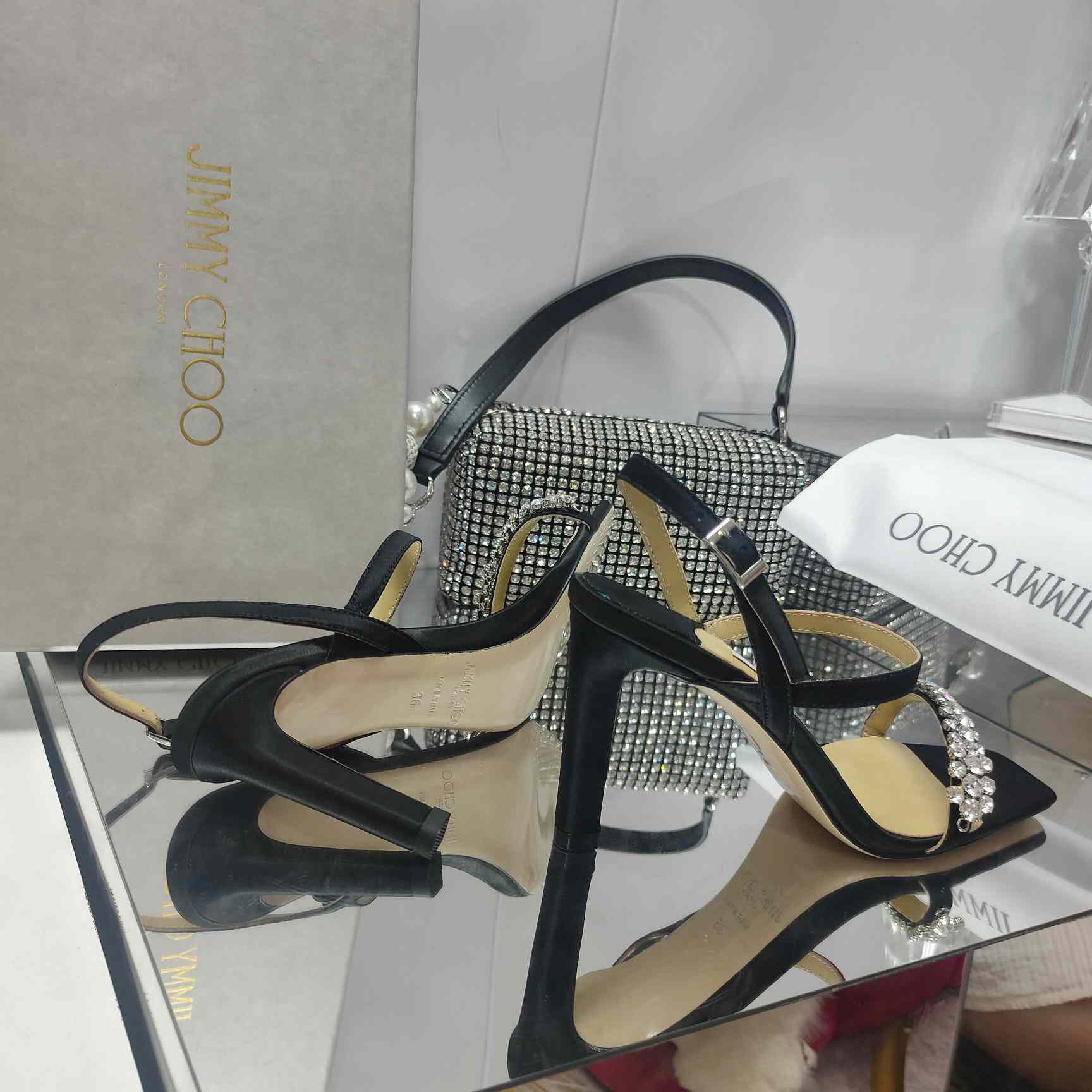 Jimmy Choo Meira 85 Black Suede Sandals With Crystal Embellishment - PerfectKickZ