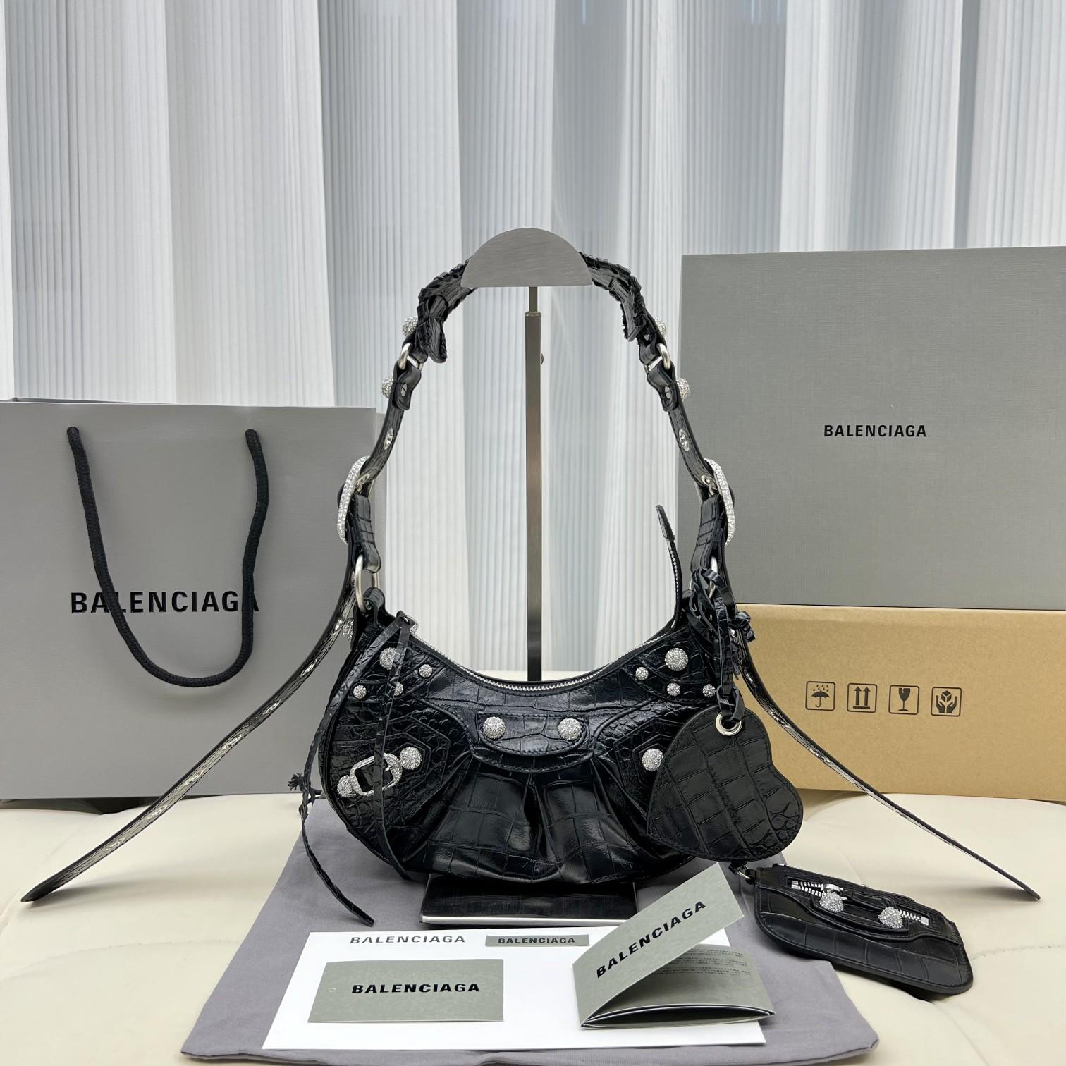 Balenciaga Women's Le Cagole XS Shoulder Bag Crocodile Embossed With Rhinestones In Black - PerfectKickZ