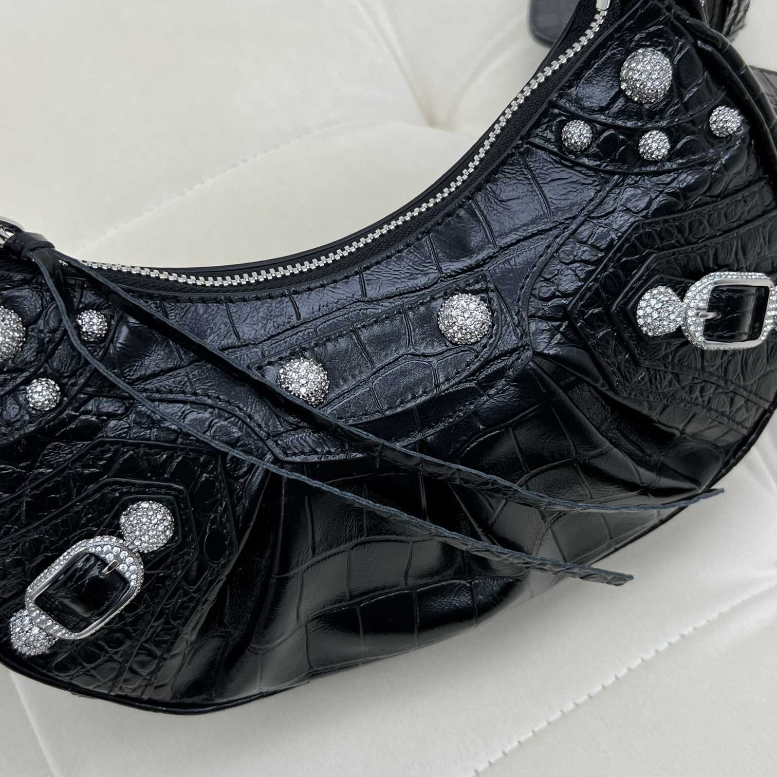 Balenciaga Women's Le Cagole XS Shoulder Bag Crocodile Embossed With Rhinestones In Black - 