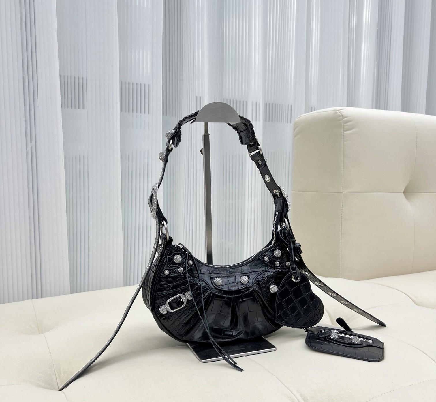 Balenciaga Women's Le Cagole XS Shoulder Bag Crocodile Embossed With Rhinestones In Black - PerfectKickZ