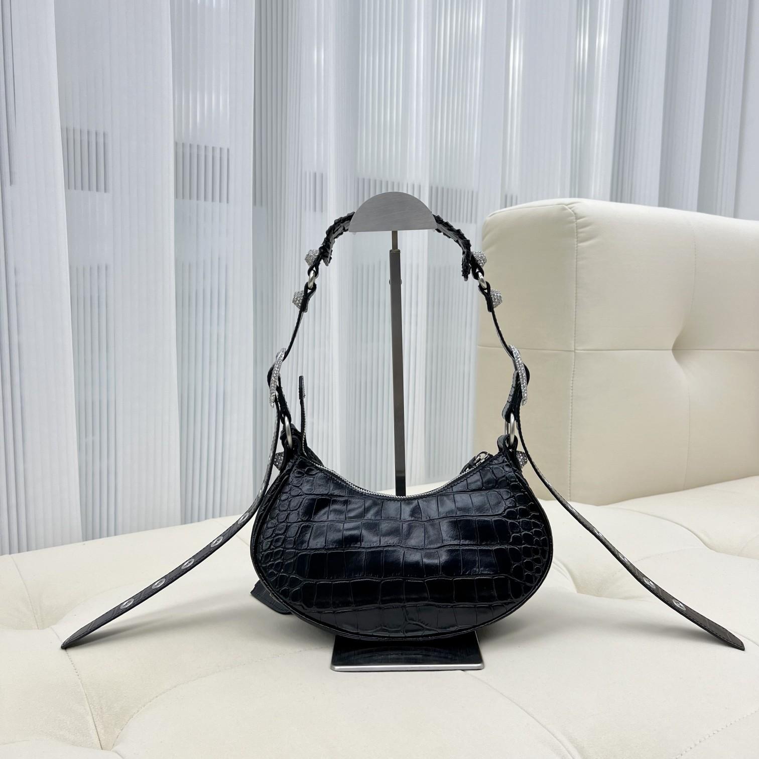 Balenciaga Women's Le Cagole XS Shoulder Bag Crocodile Embossed With Rhinestones In Black - PerfectKickZ