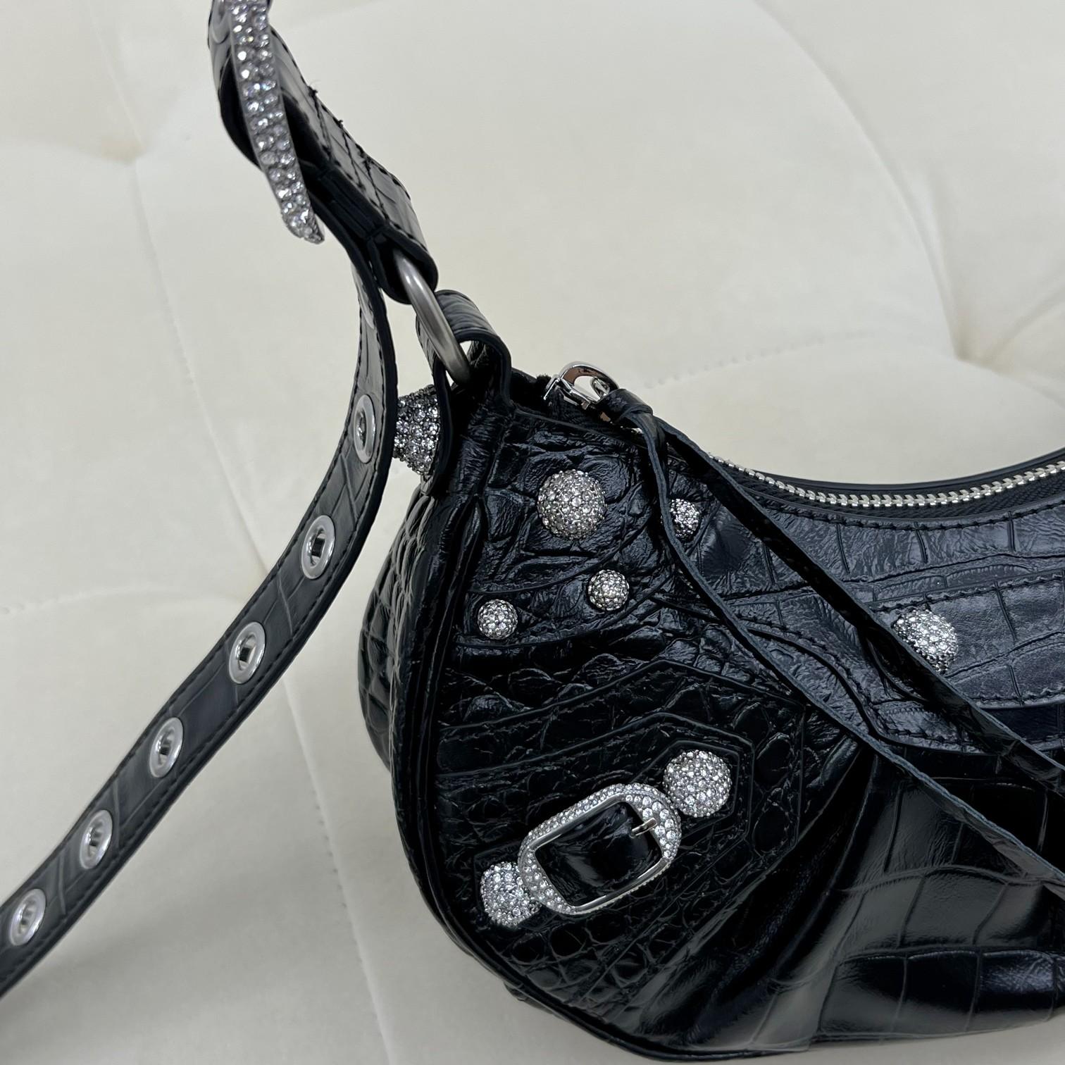 Balenciaga Women's Le Cagole XS Shoulder Bag Crocodile Embossed With Rhinestones In Black - PerfectKickZ