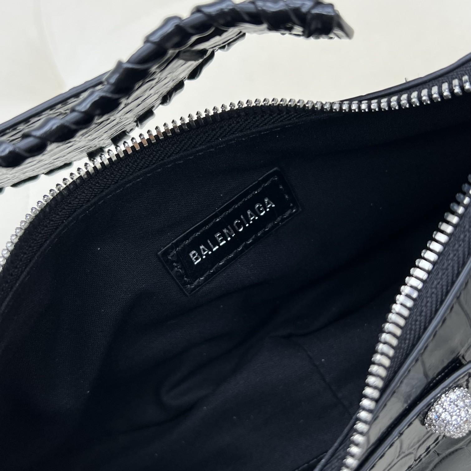 Balenciaga Women's Le Cagole XS Shoulder Bag Crocodile Embossed With Rhinestones In Black - PerfectKickZ