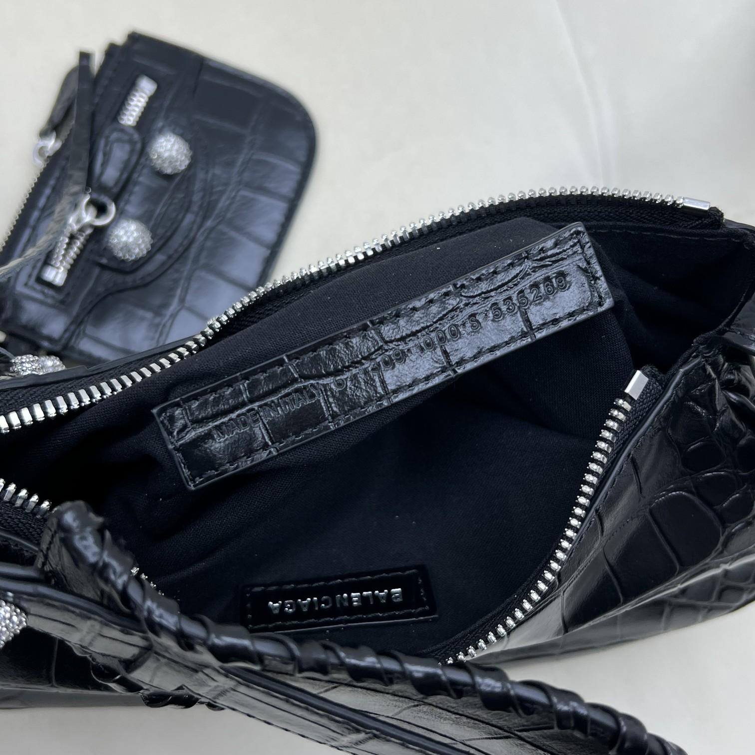 Balenciaga Women's Le Cagole XS Shoulder Bag Crocodile Embossed With Rhinestones In Black - PerfectKickZ