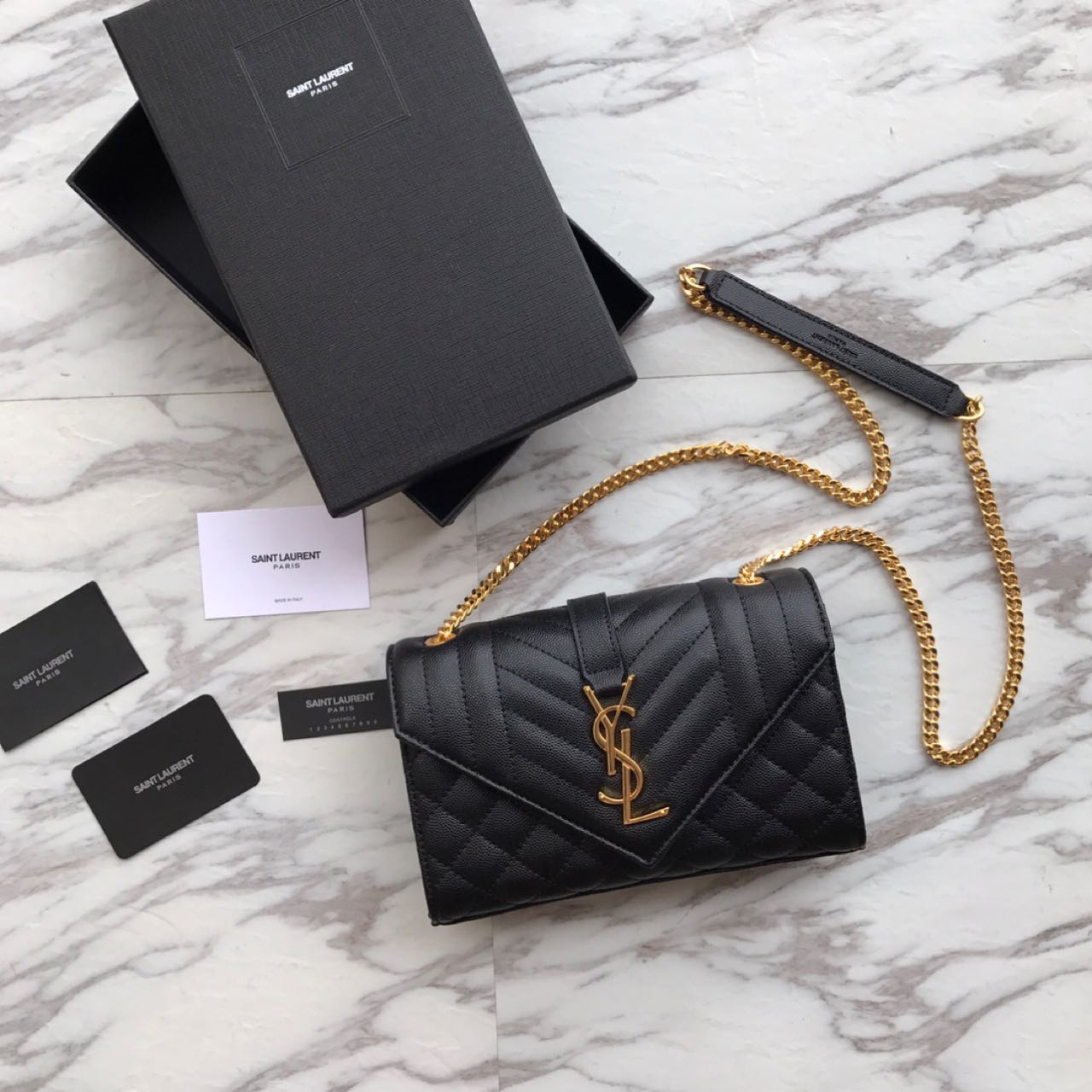 Saint Laurent Envelope Chain Wallet In Mix Matelasse Grain De Poudre Embossed Leather(21-13-6CM) - PerfectKickZ