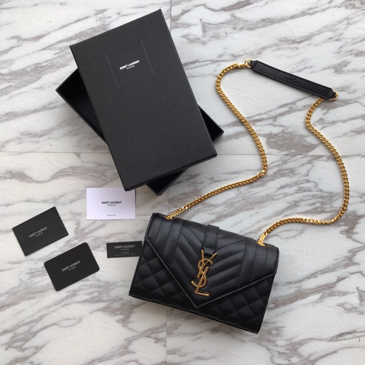 Saint Laurent Envelope Chain Wallet In Mix Matelasse Grain De Poudre Embossed Leather(21-13-6CM) - PerfectKickZ