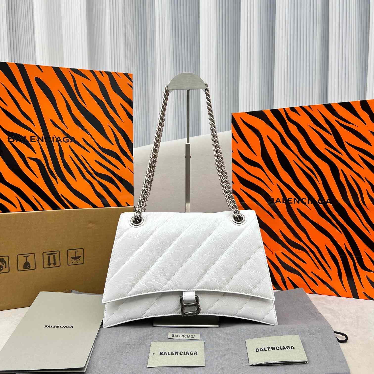 Balenciaga Women's Crush Medium Chain Bag Quilted In Optic White(31-20-12cm) - PerfectKickZ