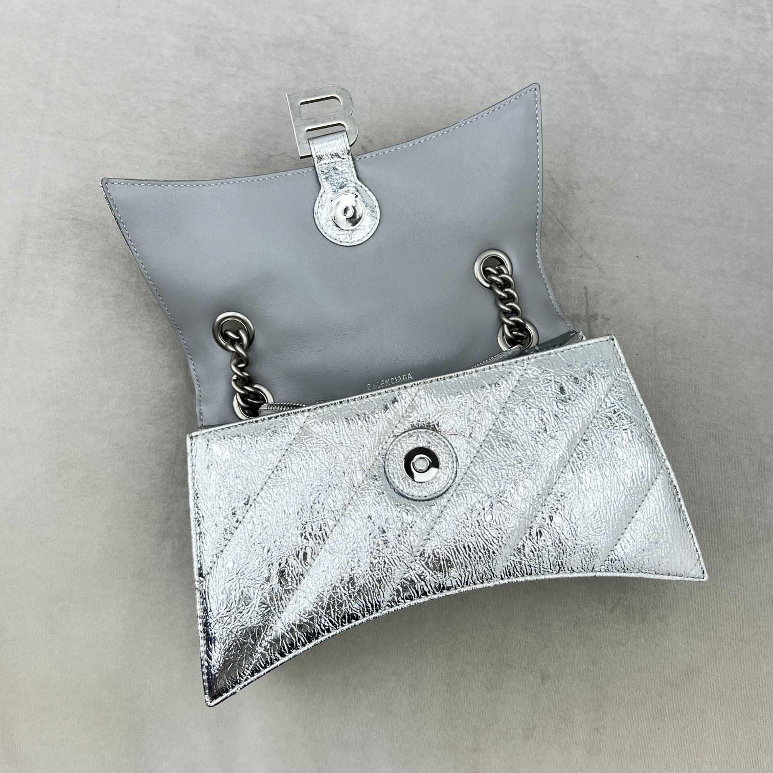 Balenciaga Women's Crush Small Chain Bag Metallized Quilted In Silver (25-15-9.5cm) - 