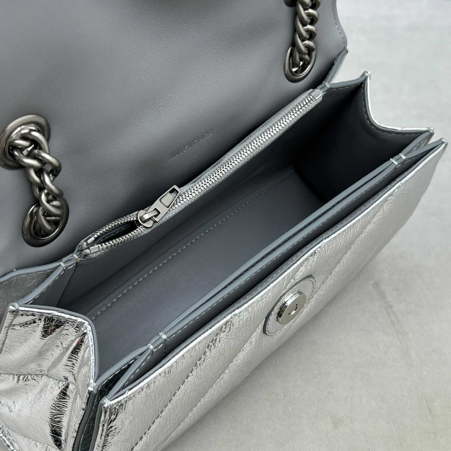 Balenciaga Women's Crush Small Chain Bag Metallized Quilted In Silver (25-15-9.5cm) - 