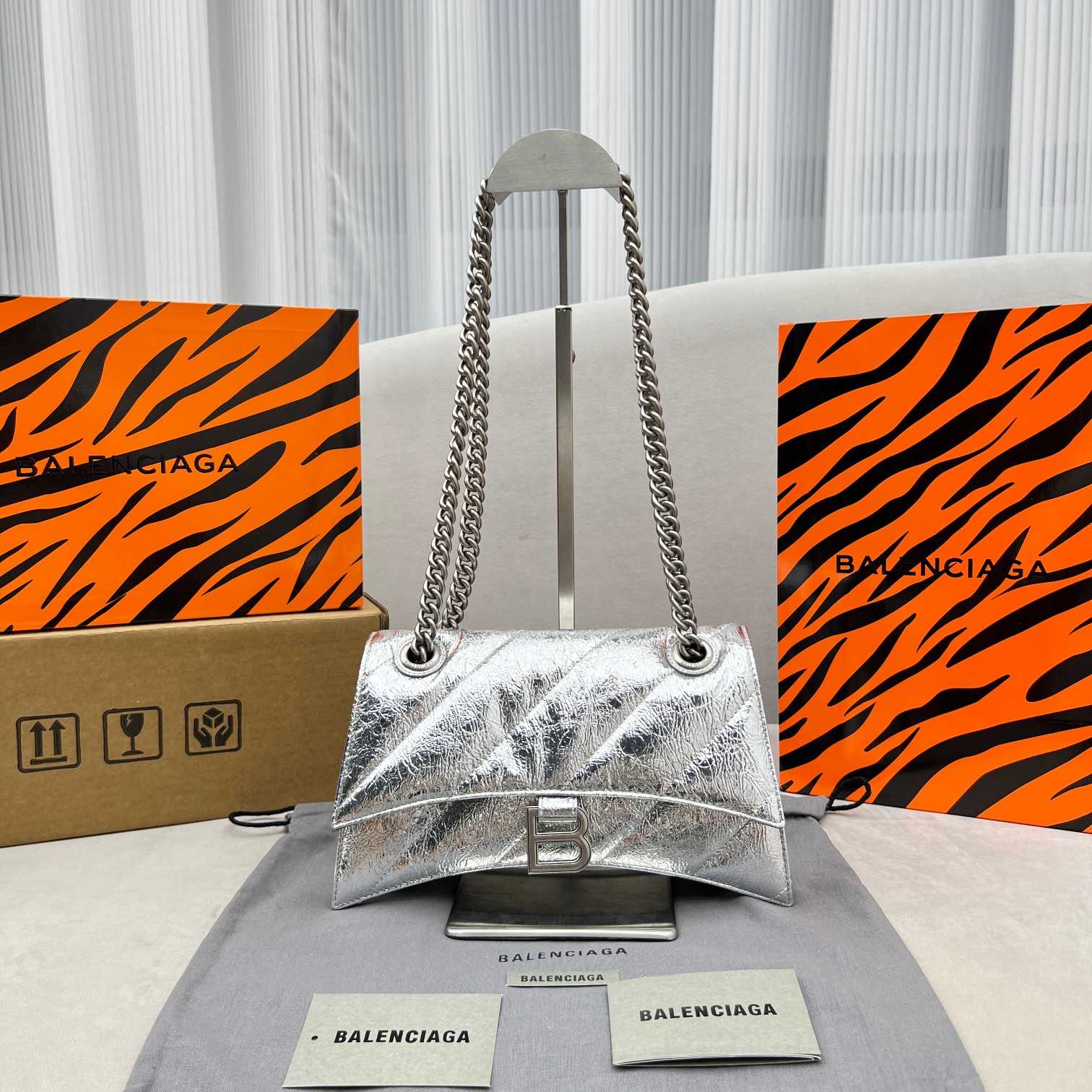 Balenciaga Women's Crush Small Chain Bag Metallized Quilted In Silver (25-15-9.5cm) - PerfectKickZ