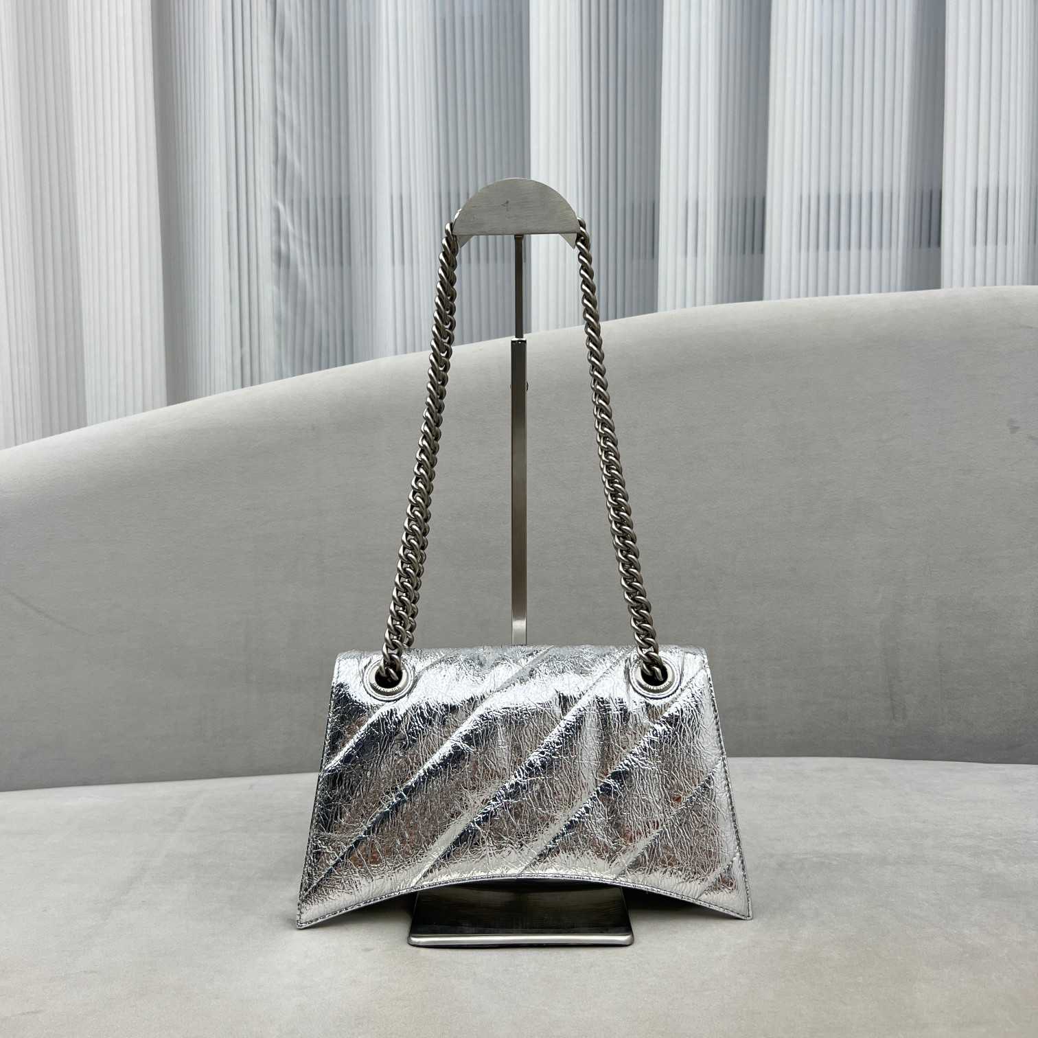 Balenciaga Women's Crush Small Chain Bag Metallized Quilted In Silver (25-15-9.5cm) - PerfectKickZ