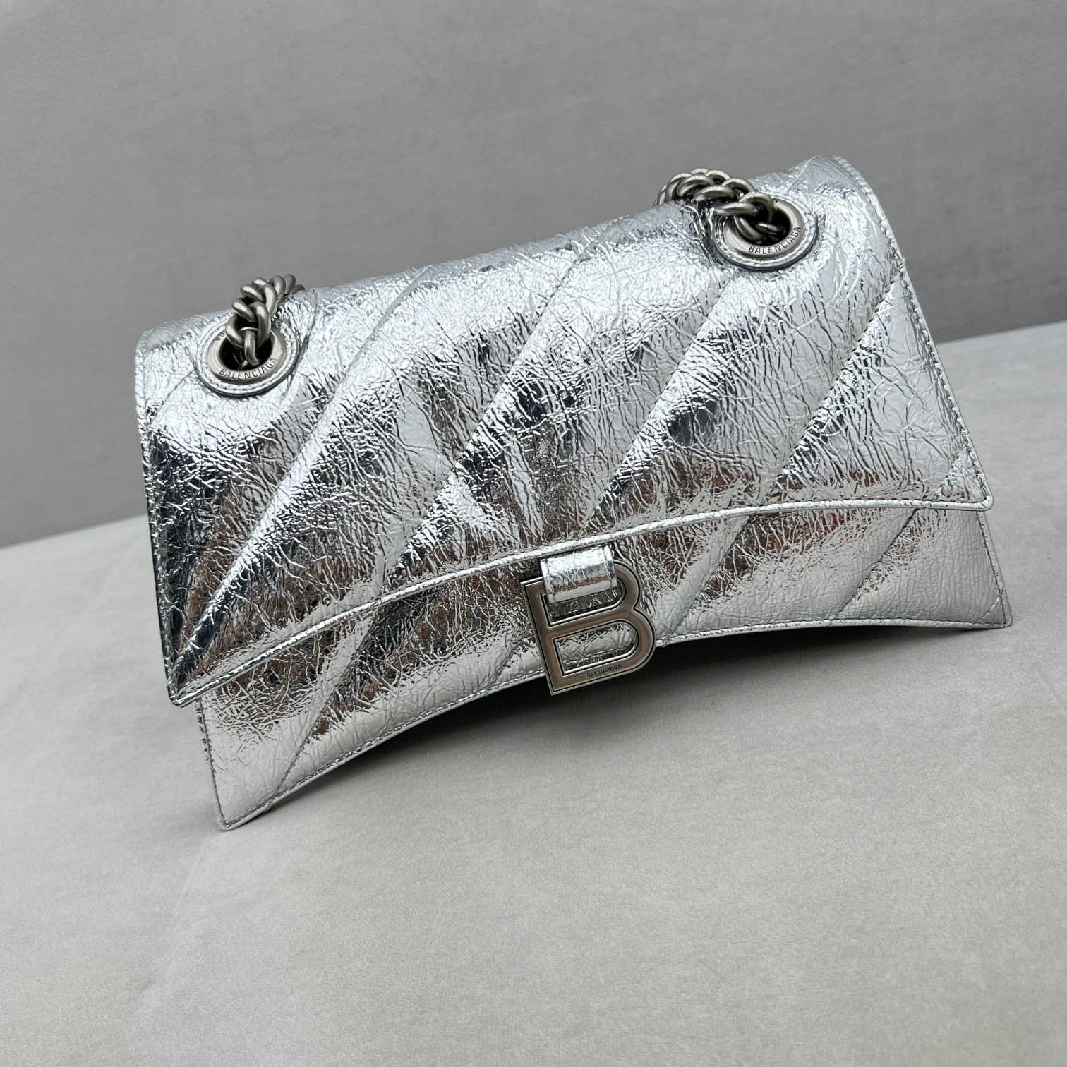 Balenciaga Women's Crush Small Chain Bag Metallized Quilted In Silver (25-15-9.5cm) - PerfectKickZ