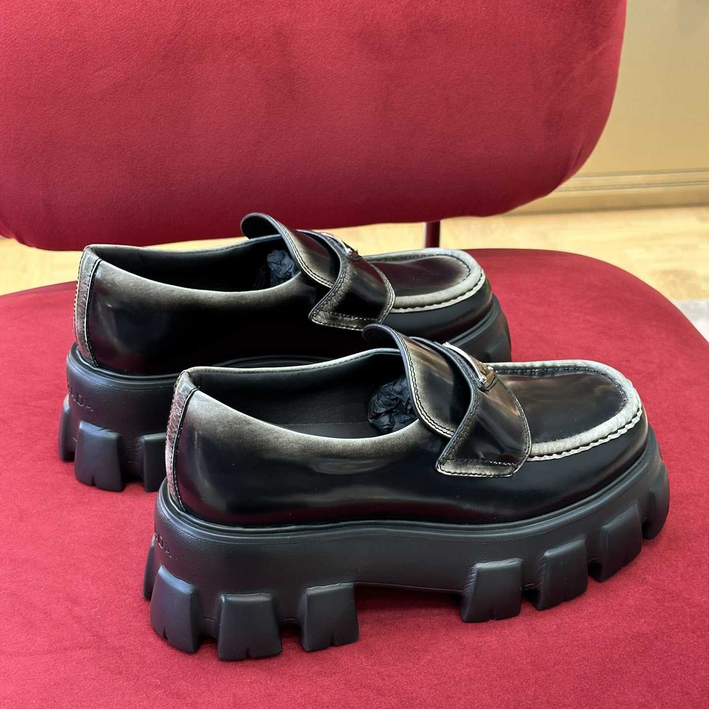 Prada Brushed Leather Monolith Loafers - PerfectKickZ