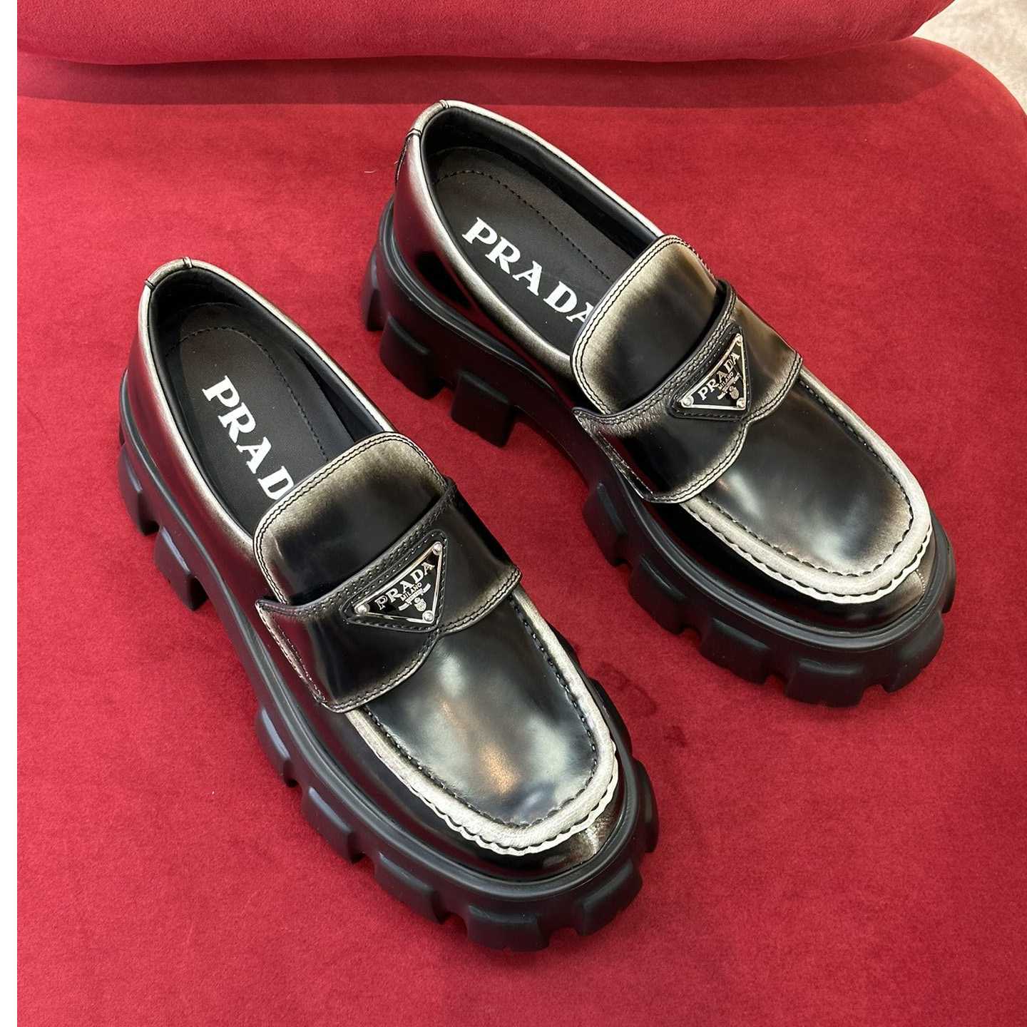 Prada Brushed Leather Monolith Loafers - PerfectKickZ