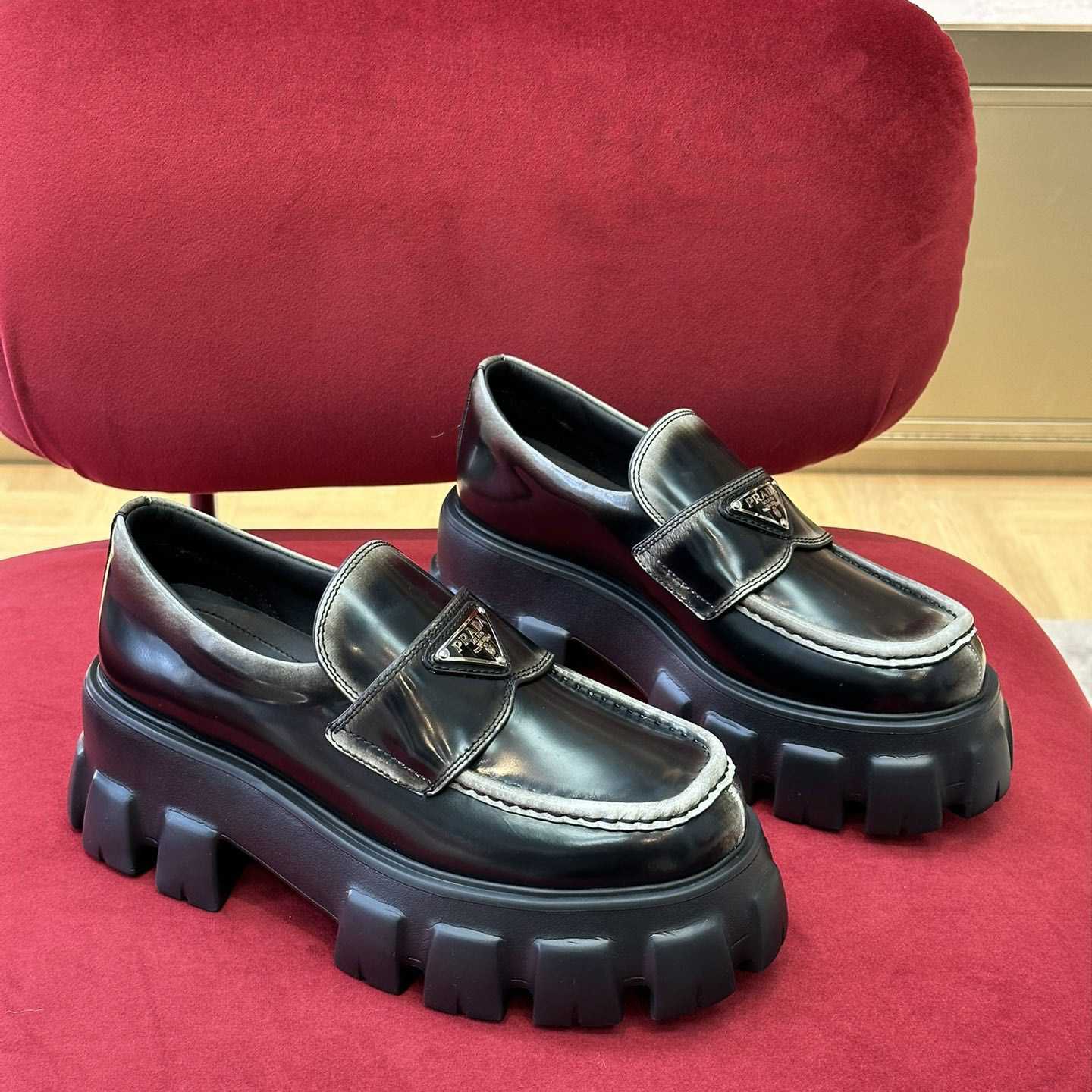 Prada Brushed Leather Monolith Loafers - PerfectKickZ