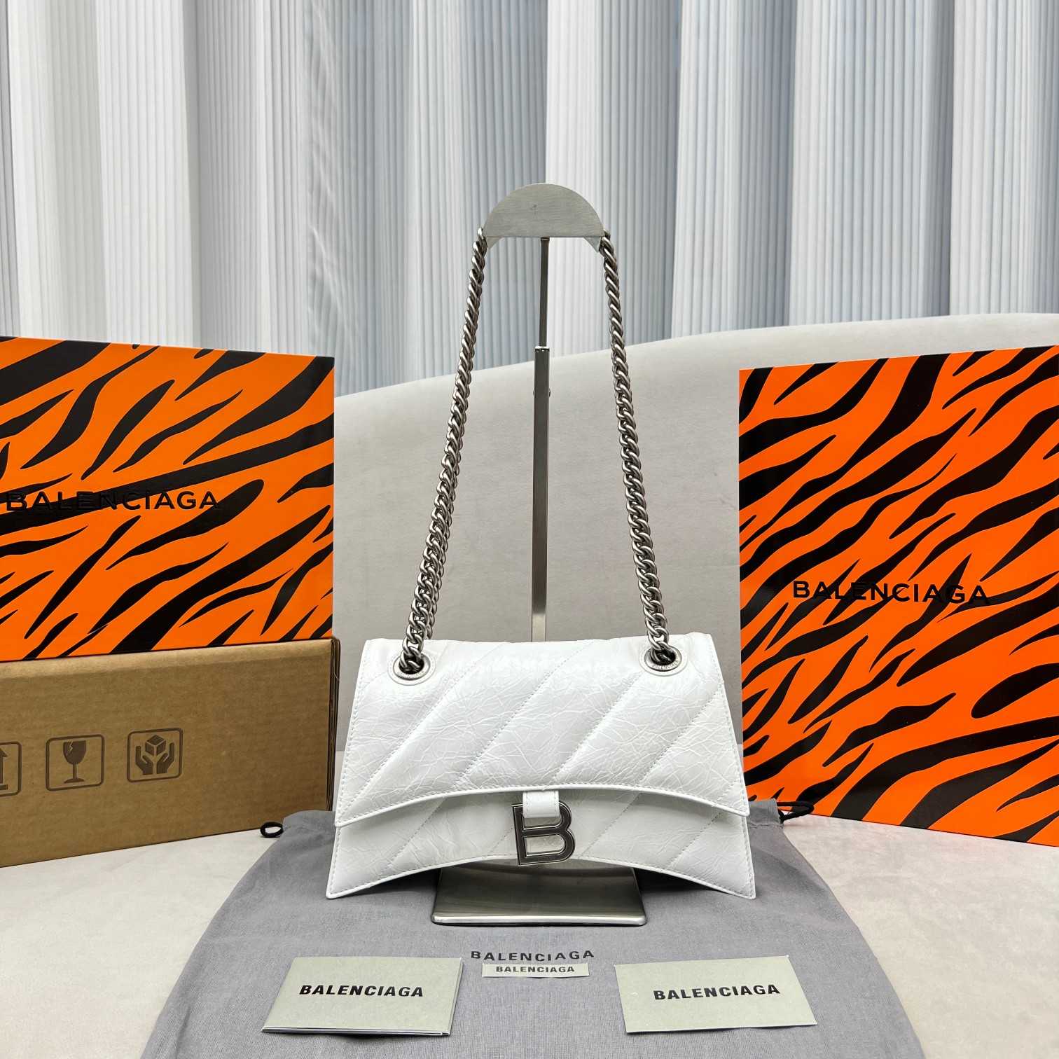 Balenciaga Women's Crush Small Chain Bag Quilted In Optic White(25-15-9.5cm) - PerfectKickZ
