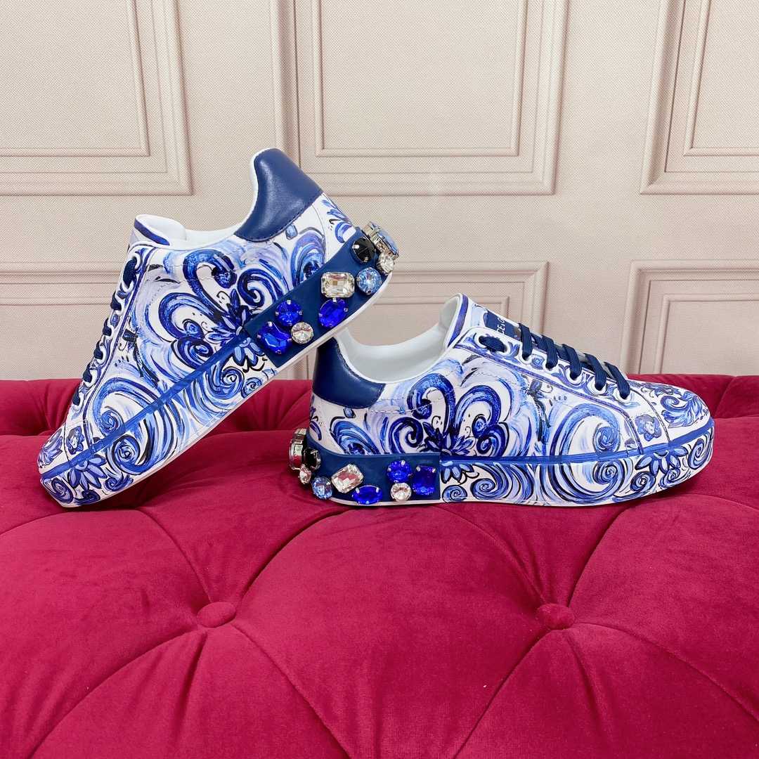 Dolce & Gabbana Majolica-Print Calfskin Portofino Sneakers - PerfectKickZ