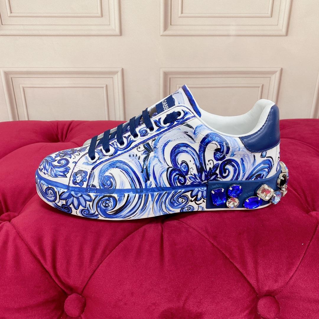 Dolce & Gabbana Majolica-Print Calfskin Portofino Sneakers - PerfectKickZ