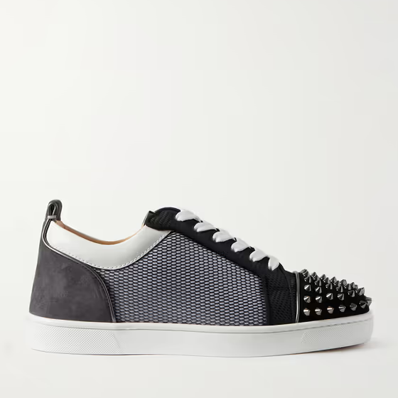 Christian Louboutin Louis Junior Spikes Suede-Trimmed Mesh And Leather Sneakers - PerfectKickZ