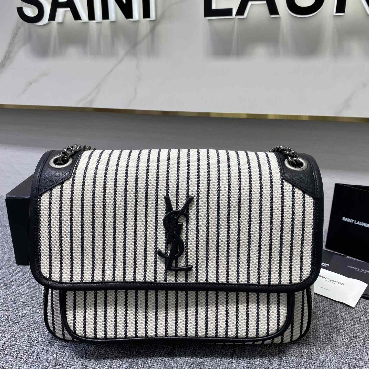 Saint Laurent Women's Niki Medium Striped Canvas Shoulder Bag (28cm) - PerfectKickZ