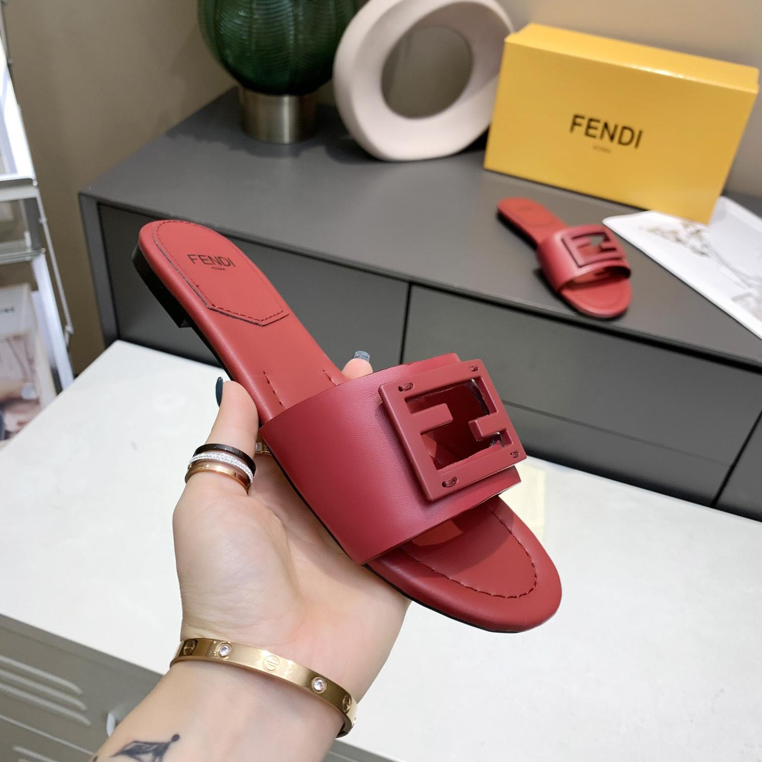 Fendi Signature Red Leather Slides - PerfectKickZ